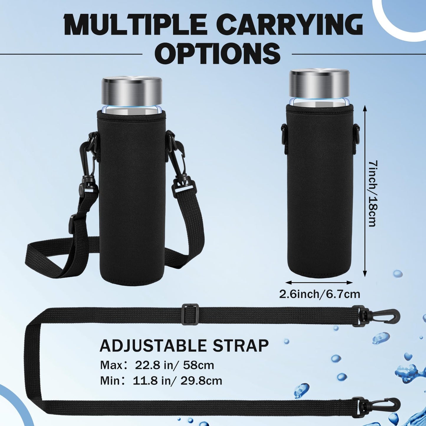 FillTouch 2 Pack Insulated Neoprene Water Bottle Holder Carrier with Adjustable Strap - Hands Free Sling Bag for 17oz/500ml Standard Bottles for Walking, Gym, Hiking, Commuting