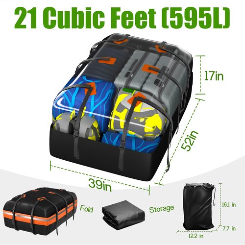 Rooftop Cargo Carrier - Car Roof Bag, 1000D PVC Soft-Shell Waterproof for Cars with/Without Racks, Includes Anti-Slip Mat, Storage Bag, Luggage Lock, 6 Extra Straps, 21 Cubic Feet