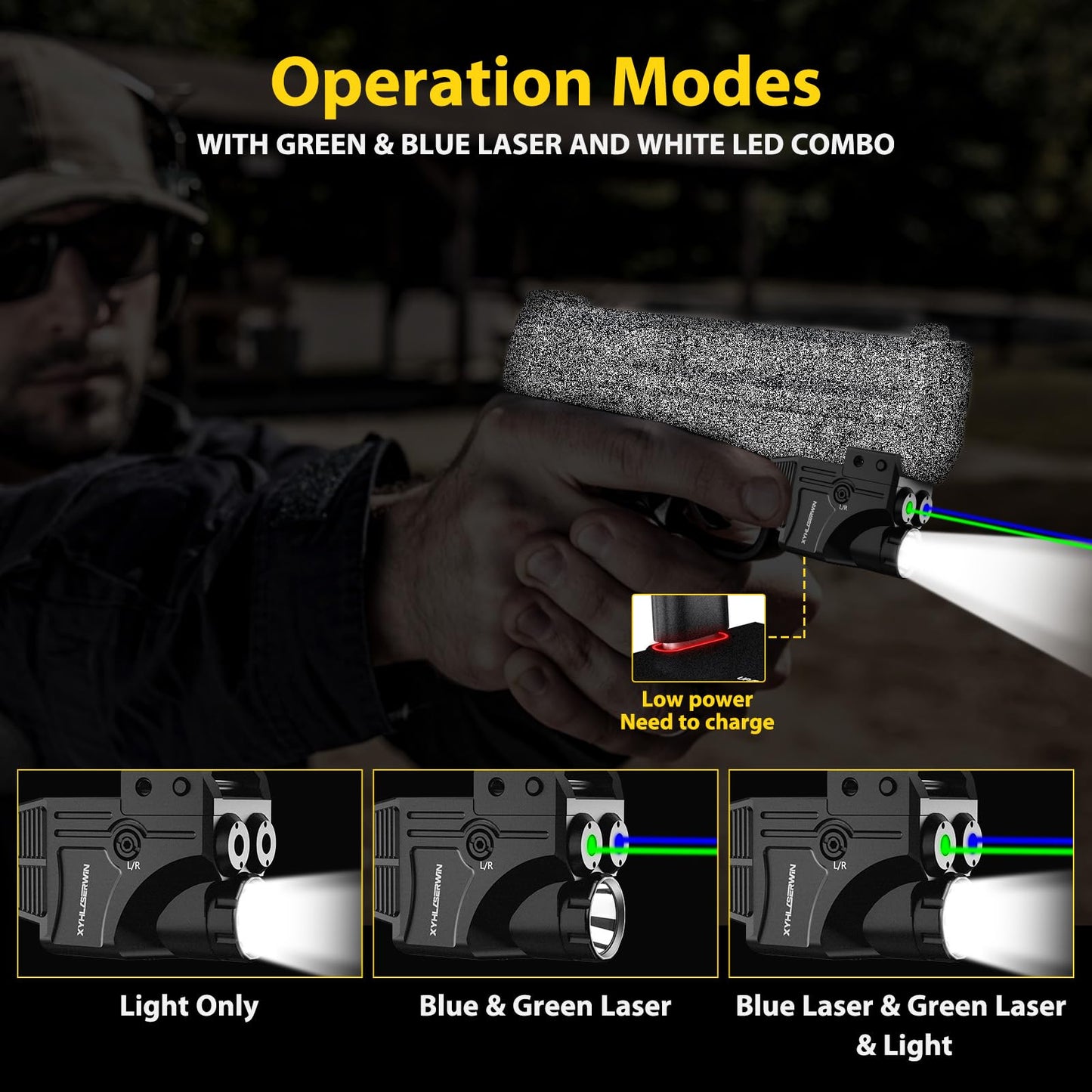 600/200 Lumens Adjustable Tactical Flashlight with Green/Blue Laser Sight Combo, Pistol Laser Light Combo with Strobe/Constant Light Modes, USBC Rechargeable, Fits Standard Picatinny & Glock Rails