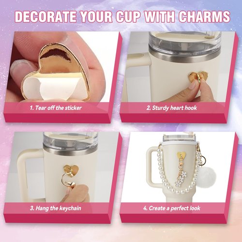 Seocam Compatible with White Stanley Cup Accessories 40 oz, 7pcs of Food-Grade Silicone Straw Cover, Pearls Chain, Bottle Boot, Rubber Cup Ring, Keychains, and Heart Hook, Unique Gifts For Women