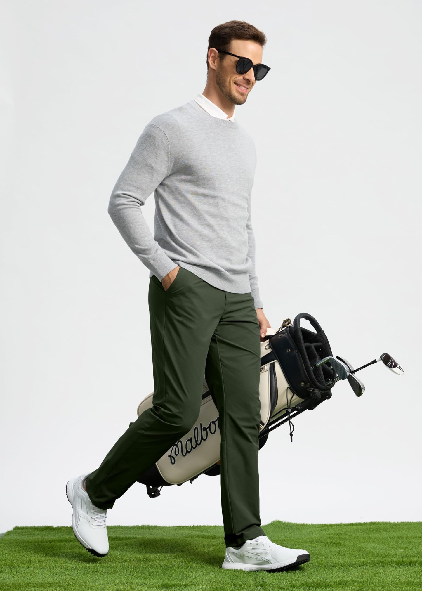 Pudolla Men's Golf Pants Stretch Work Dress Pants Men's Dress Pants 32 Lightweight Quick Dry Trousers with Pockets(Army Green 35Wx32L)
