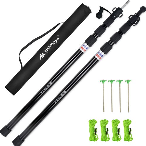 AYAMAYA Tarp Poles - Telescoping Camping Tent Poles Replacement, Upgraded 4-Section Heavy Duty Aluminum Rods with Stakes & Guylines for Tents, Rain Fly, Camping Shelter, Awning Canopy RV Car, Set of 2