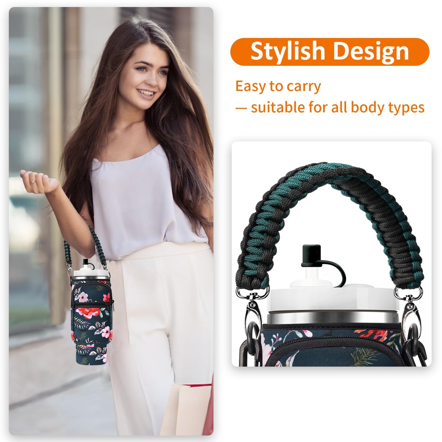 AceTreker Carrier Bag with Phone Pocket for Stanley 30/40 oz Tumbler with Handle - Water Bottle Sling Holder for Stanley Cup Accessories with Adjustable Shoulder & Straw Cap-Wild Rose