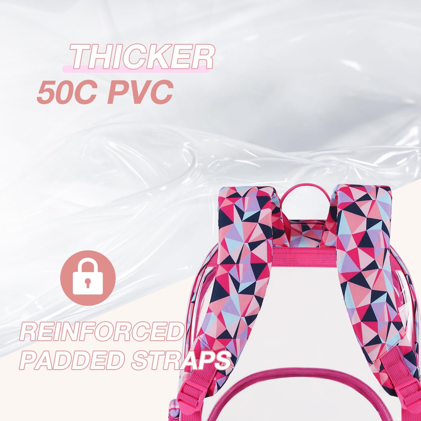 LIGHT FLIGHT Large Clear Backpack with Reinforced Padded Straps Heavy Duty PVC Transparent Backpack See Through Bookbags for Work,Travel,pink
