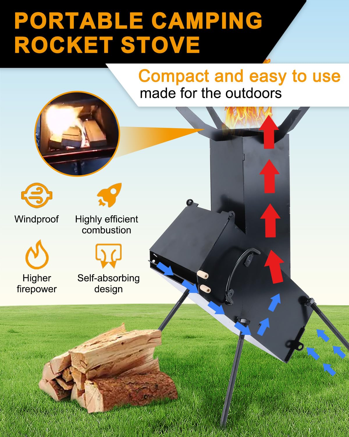 Autoholic Portable Rocket Stove for Cooking Wood Burning Stove Outdoor Camping Living BBQ Picnic Emergency Survival Stove Small Outdoor Woodstove