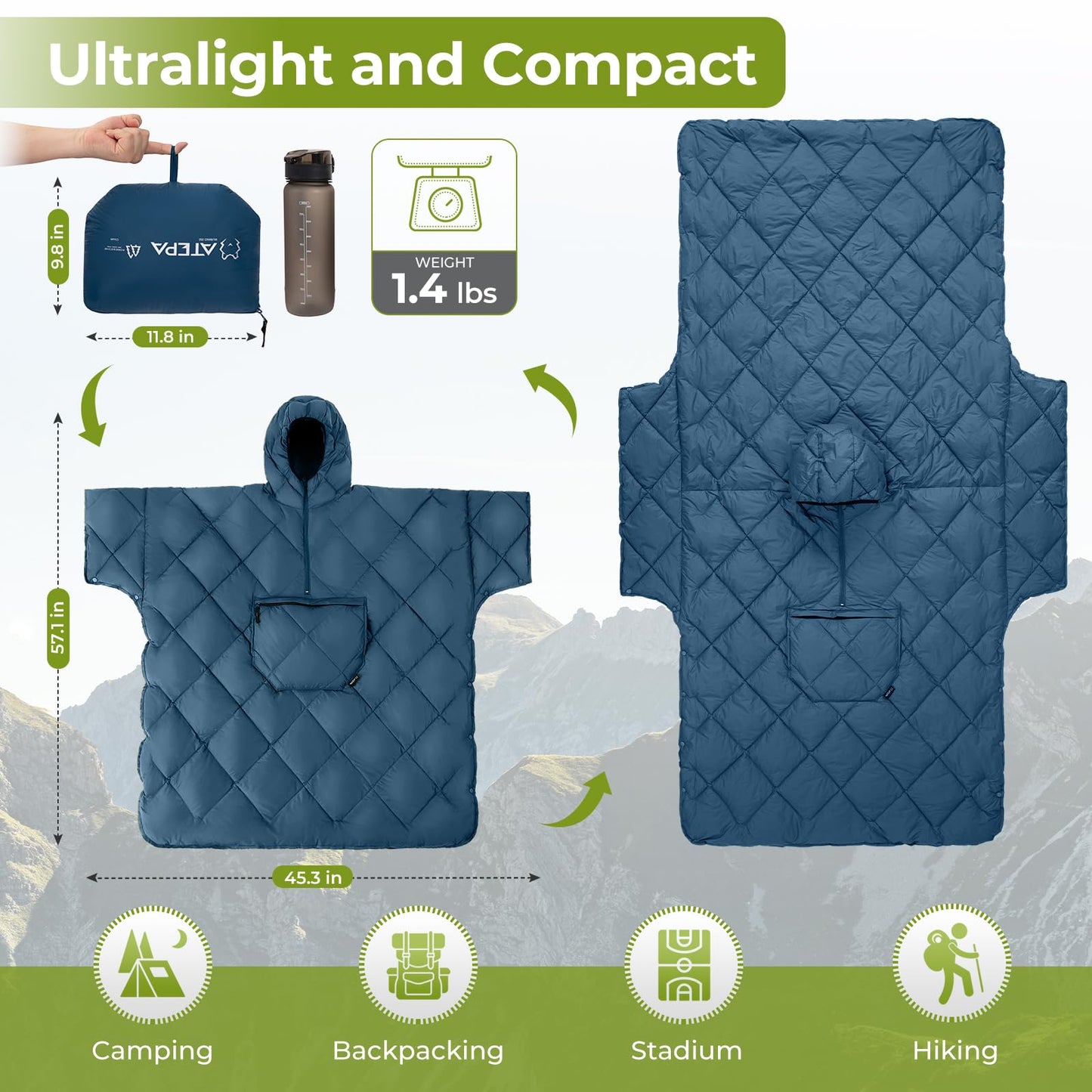 ATEPA Wearable Sleeping Bag, Recycled Camping Wearable Down Blanket Poncho, Ultralight Warm Waterproof Cold Weather Sleeping Bag Coat Jacket Suit for Outdoor Sports, Camping Gifts Women Men, Blue