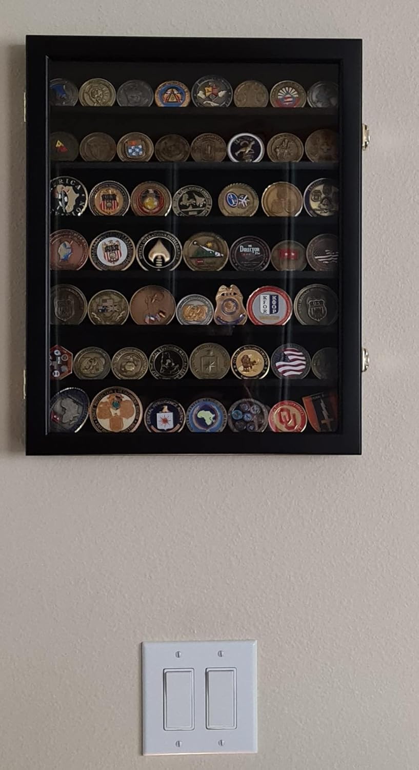Military Challenge Coin Display Case - Wall Mount Cabinet for Coins & Poker Chips, 17.5x14 Black Frame