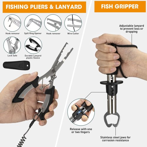 THKFISH 85Pcs Fishing Tool Kit, Fishing Backpack with Tackle Boxes Included, Fishing Tackle Kit Include Fishing Bait Lure Gear Kit, Fishing Pliers, Fish Hook Remover, Lip Gripper