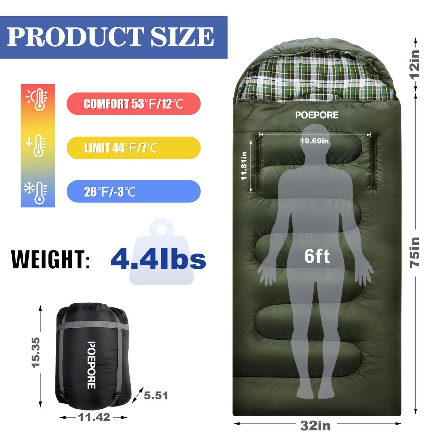 POEPORE Flannel Sleeping Bag Lightweight Warm Weather 3-4 Seasons for Adults XL Wearable Sleeping Bag Waterproof with Compression Sack Olive