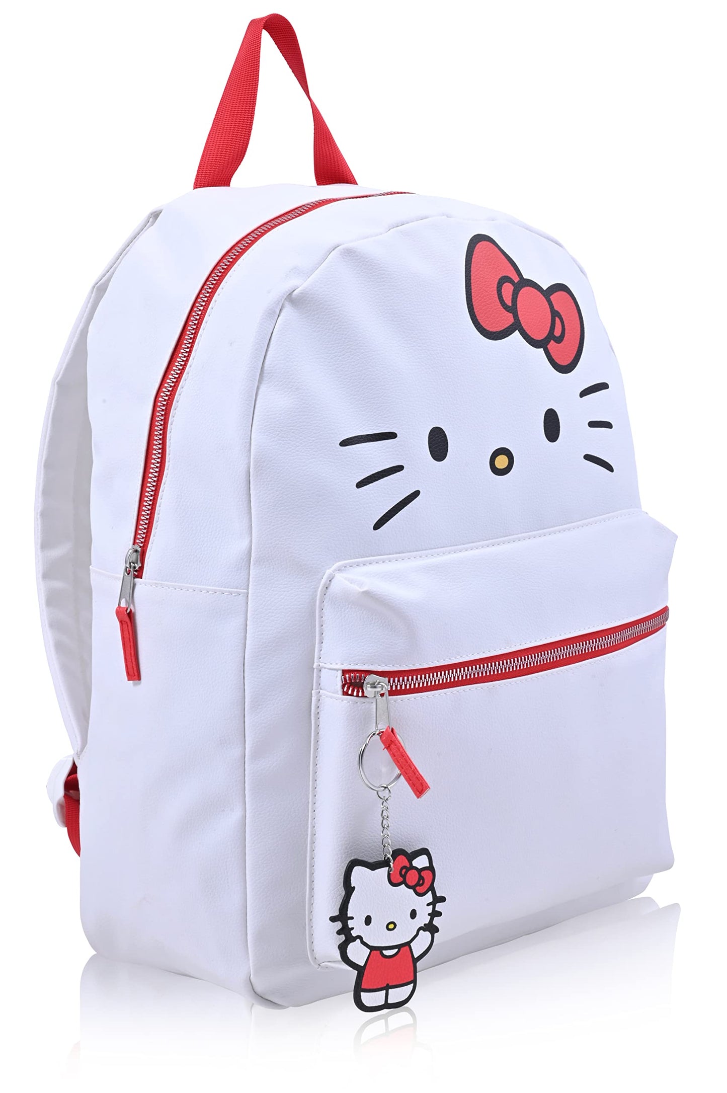 Fast Forward Sanrio Hello Kitty Backpack for Women, Large Faux Leather Bookbag Double Strap Shoulder Bag with 3D Design and Keychain (White-Red)