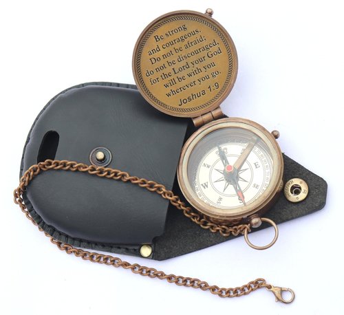 MADSNIIB Brass Engraved Nautical Compass with Leather Case, Antique Gift for Birthday, Wedding, Anniversary, Christmas, Valentine, Portable Compass for Hiking (Be Strong Engraved Brass Compass)