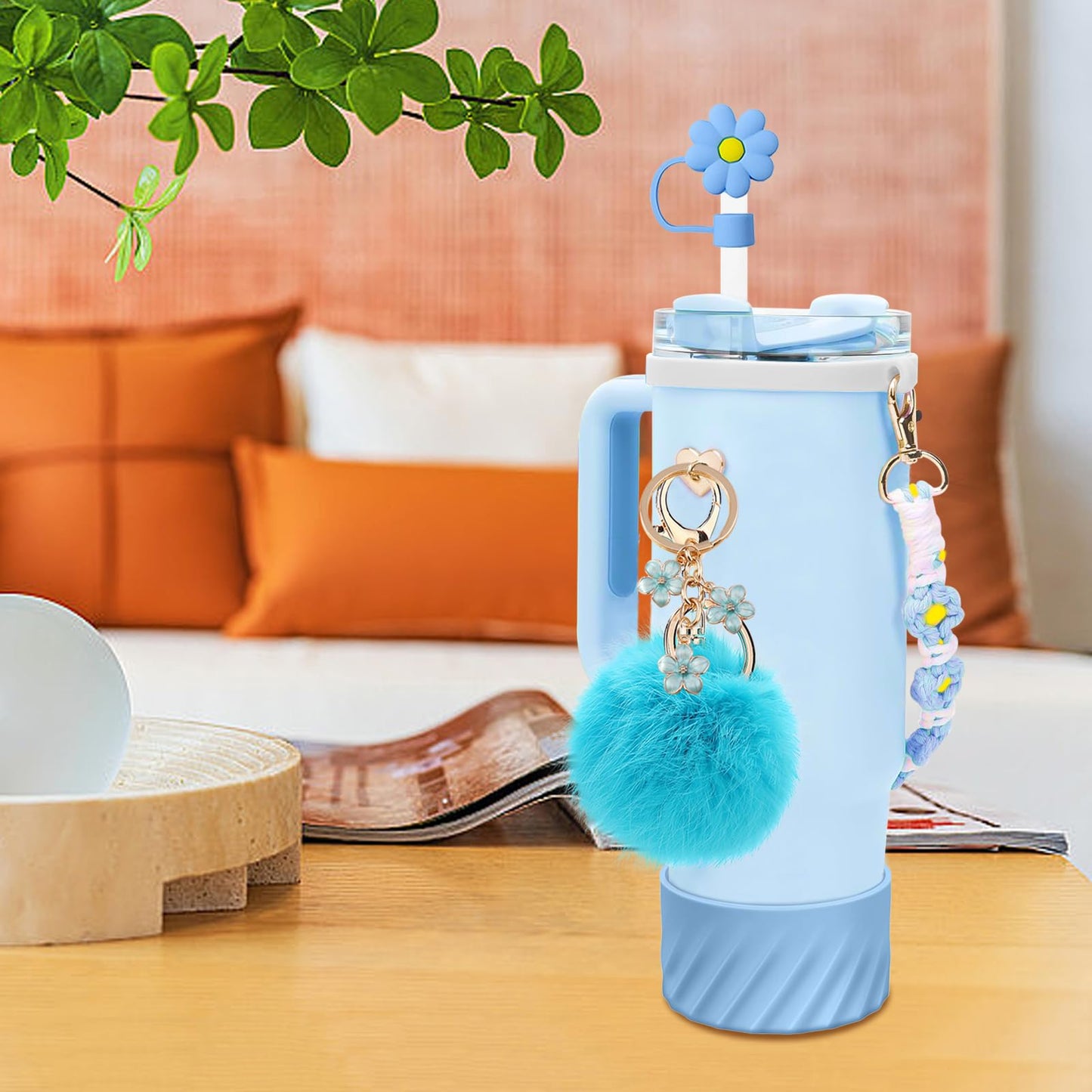 7PCS Accessories Set for Stanley Cup 40 oz 30oz, Including Protective Silicone Boot, Water Bottle Handle Strap, Keychain Charm, Heart Hook, Straw Cover Cap for Stanley Cup Accessories (Blue)