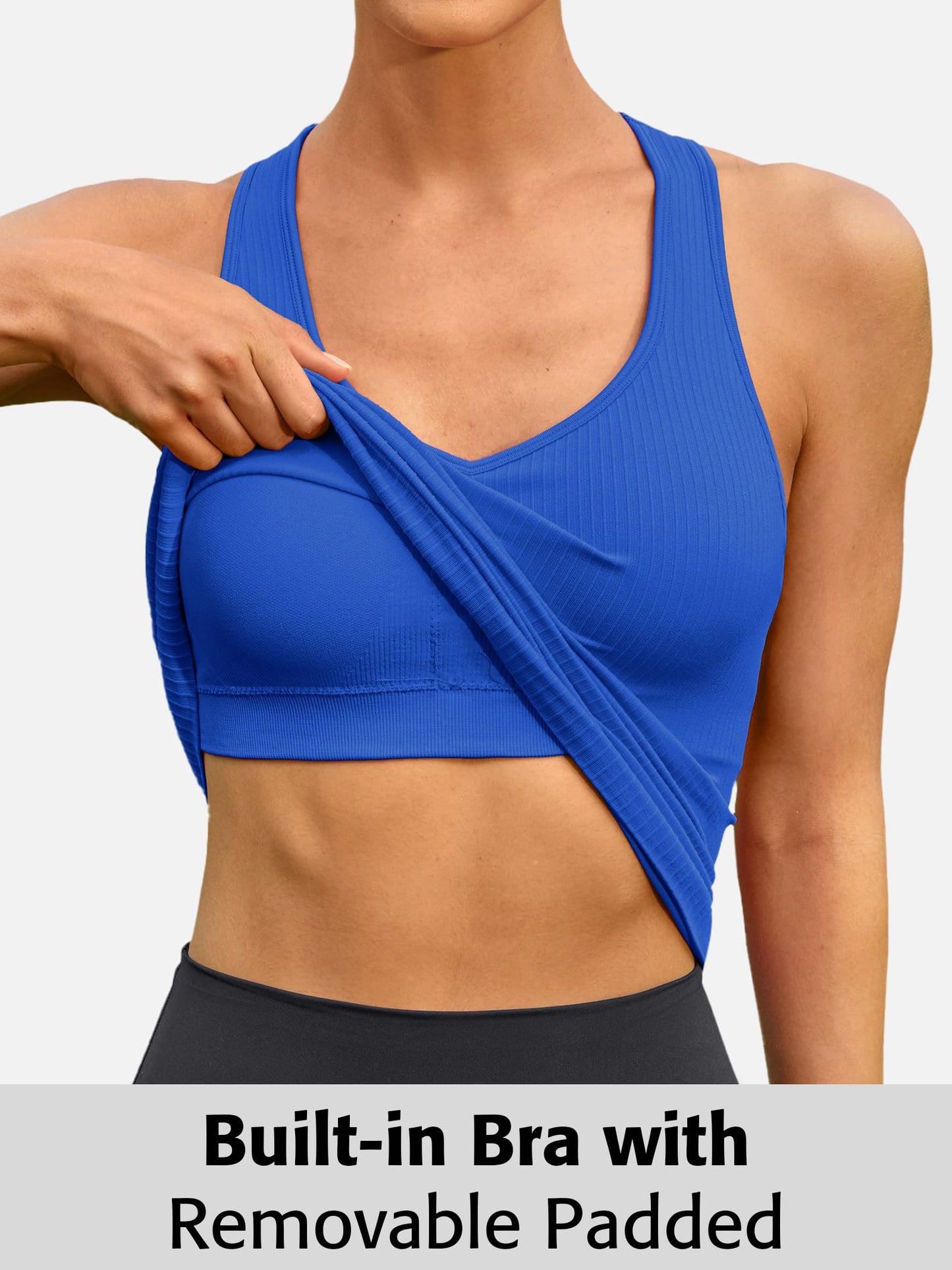 ATTRACO Ribflex Athletic Tops for Women Ribbed Gym Tank with Built-in Bra Tight Fit Royal Blue S