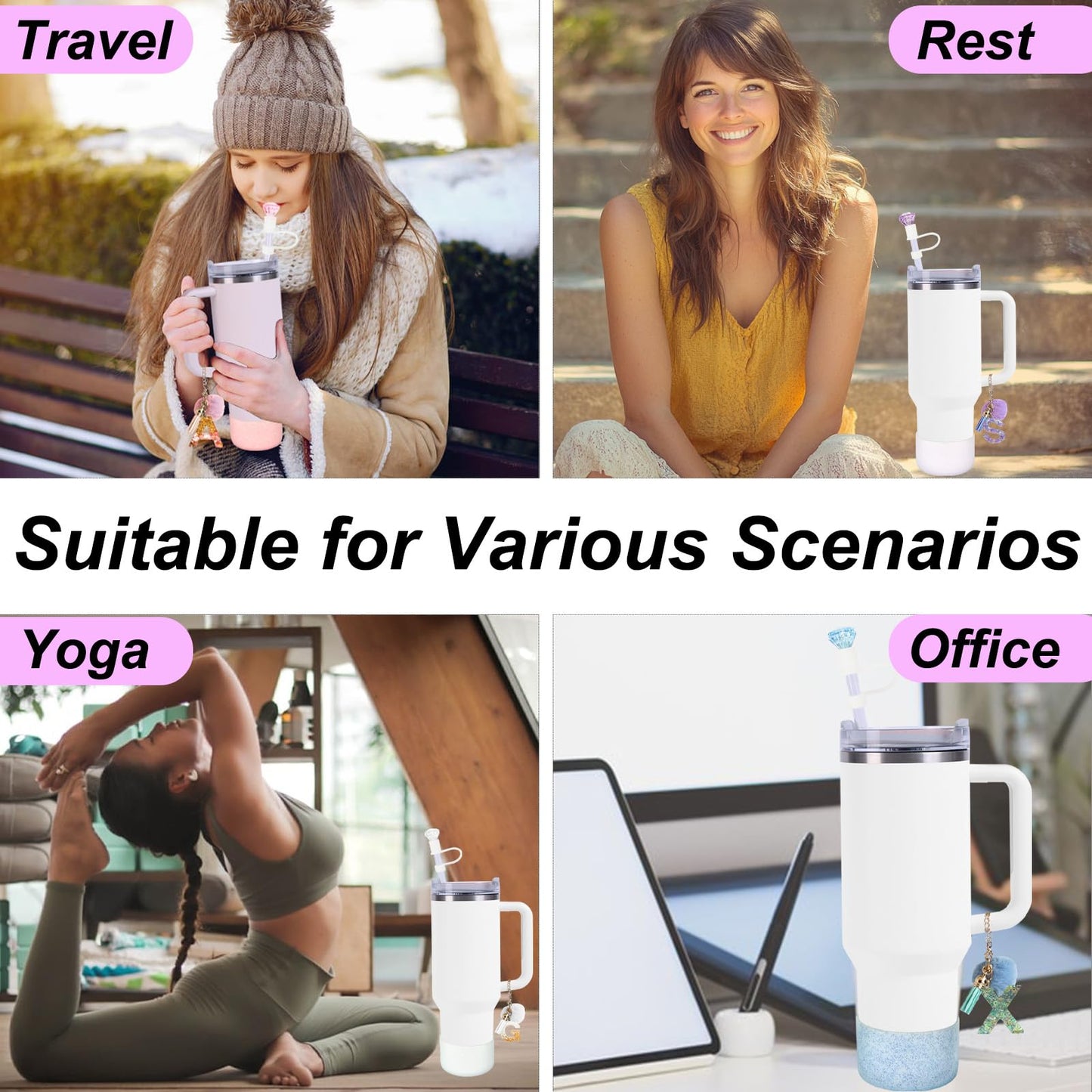 6-Pcs Stanley Cup Accessories Set,10mm Straw Topper, Letter Charms,Diamond Straw Covers,Bling Silicone Boot, Spill-Proof Compatible Stanley Cup Accessories(Pink K)