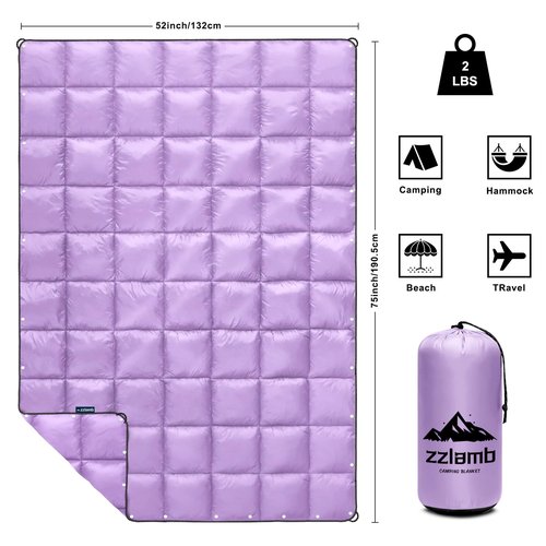 zzlamb Camping Blanket, Lightweight Puffy Travel Outdoor Blanket Down Alternative, Portable&Windproof Warm Quilt for Cold Days Plane Car Picnic Hammock Beach Backpacking, Purple 52x75in
