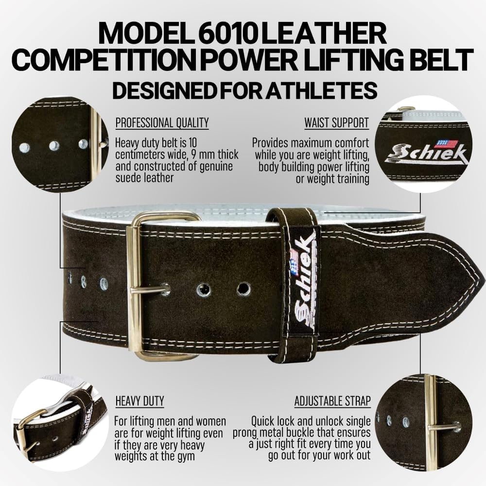Schiek Sports Model 6011 Single Hook Competition Power Belt - Weightlifting Belt with Stainless Steel Belt Buckle - Suede Leather Powerlifting Belt
