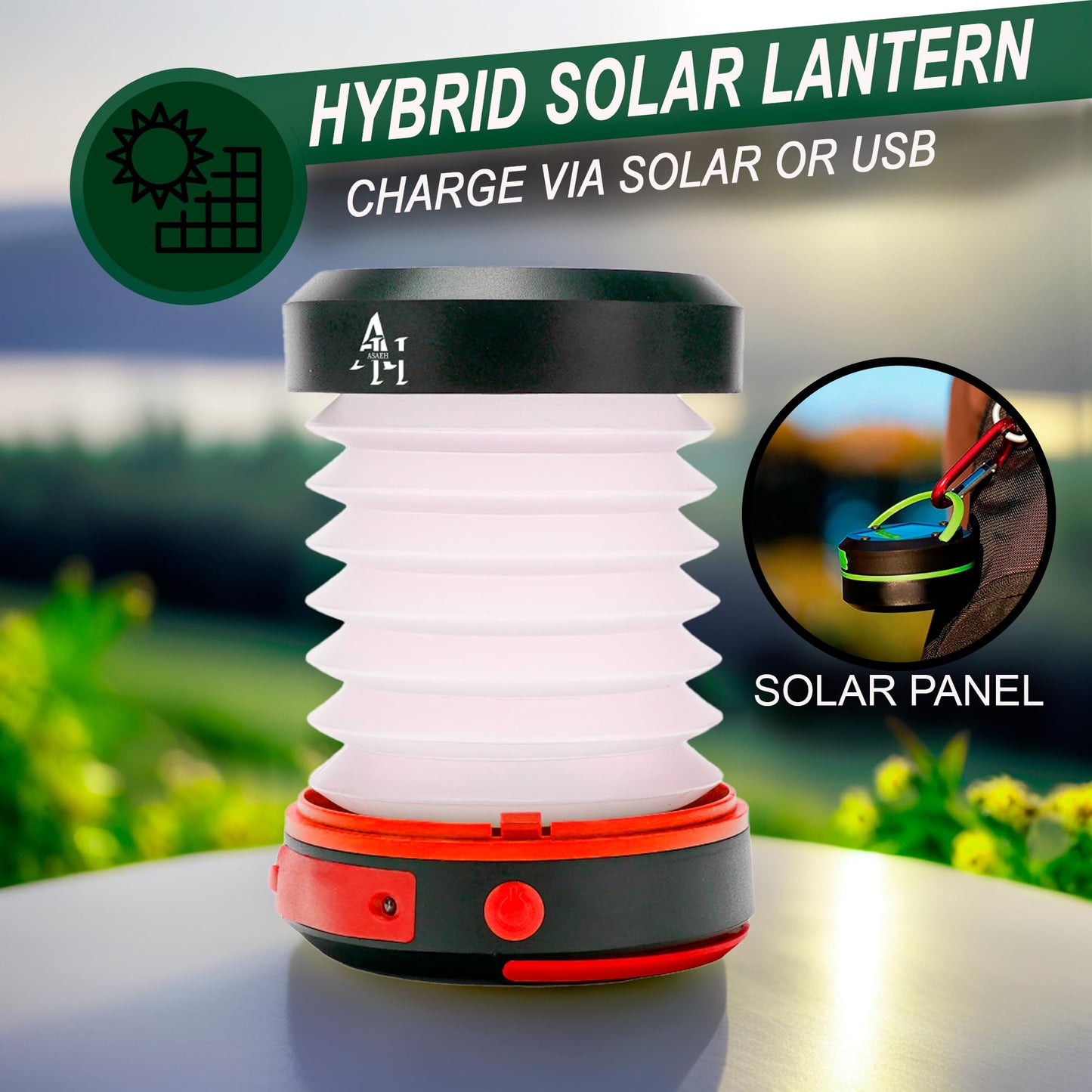 Asaeh Solar Camping Lantern - LED Lanterns for Power Outages, Camping Lights, Emergency Flashlight - Collapsible Lamp, Rechargeable W/ Solar or Plug