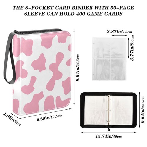 Pink Cow Texture Card Binder for Trading Cards, 4 Pocket with 50 Sleeves up to 400 Cards, Double Sided Pockets Card Holder Carry Case for Baseball Card, Football Card, Gaming Cards