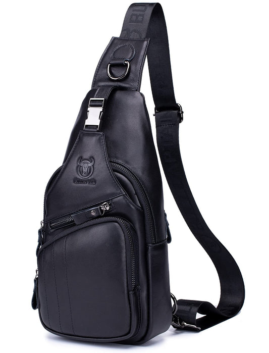 BULLCAPTAIN Men Sling Chest Bag Genuine Leather Casual Multipurpose Crossbody Shoulder Backpack Travel Hiking Daypack (Black)