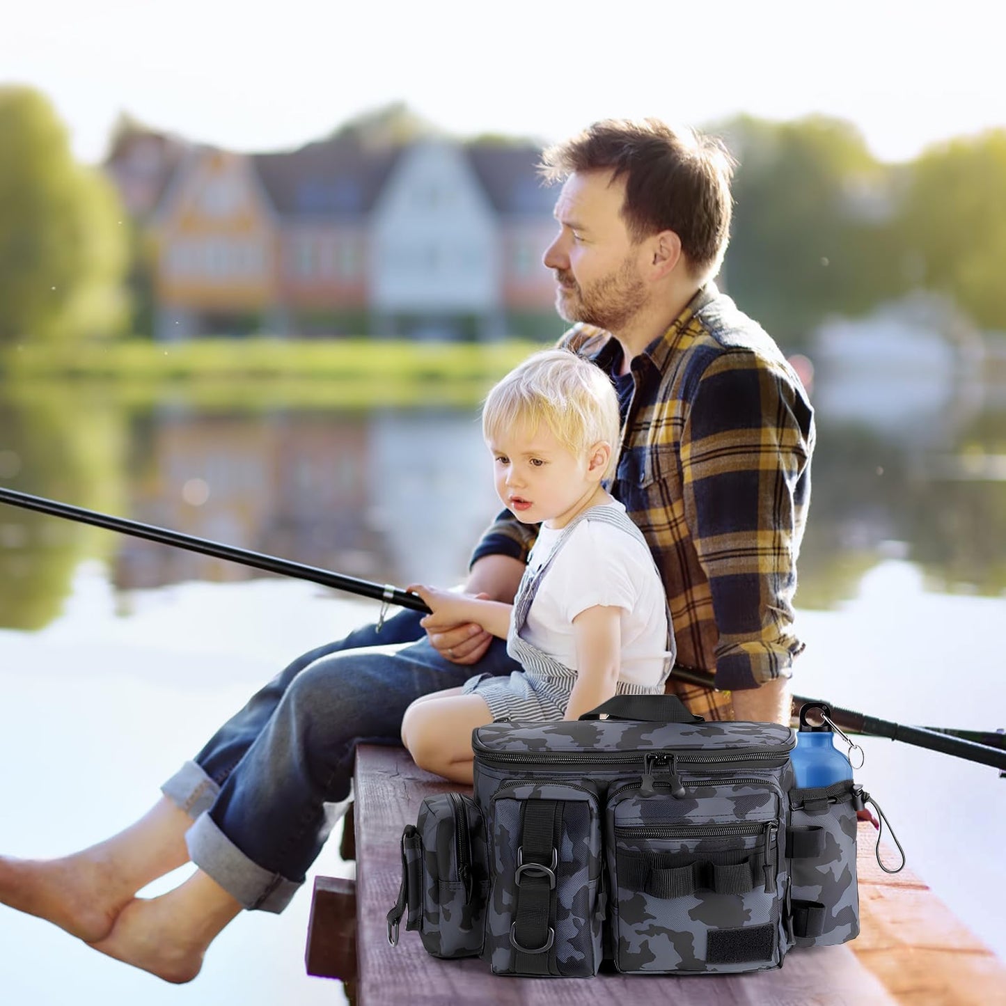 Fishing Bag, Fishing Tackle Storage Bag Chest Pack Rod Holder Shoulder Pack & Waist Bag Organizer with Belt & Shoulder Strap, Colorful Reflective Stripes for Hiking Fishing Camping (Black Camouflage)