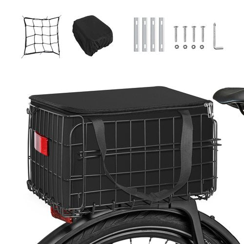 LLS Folding Bike Basket Rear, Universal, Black, Steel, 14.6 x 10.6 x 7.9 inches, 110 lbs Capacity, Reflective Tail Light, Quick Release, Ebike/Bicycle Rear Basket, Pet Carrier/Grocery