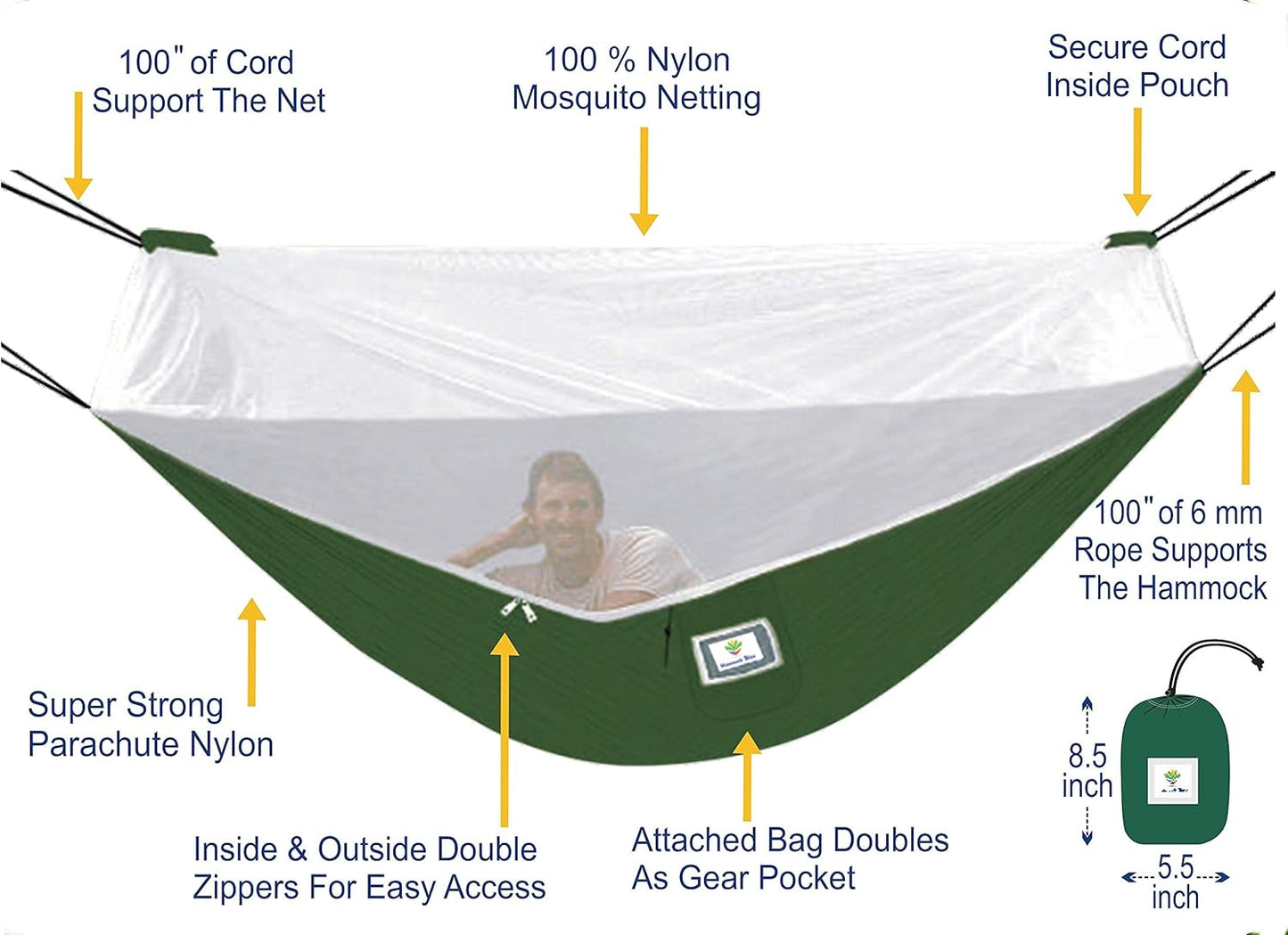 Hammock Bliss Mosquito Free Hammock Bliss – Camping Hammock with Bug Screen Mossy Netting Canopy - Integrated Suspension 100' / 250 cm Rope Per Side - Make Hammock Camping A Bug Free Experience