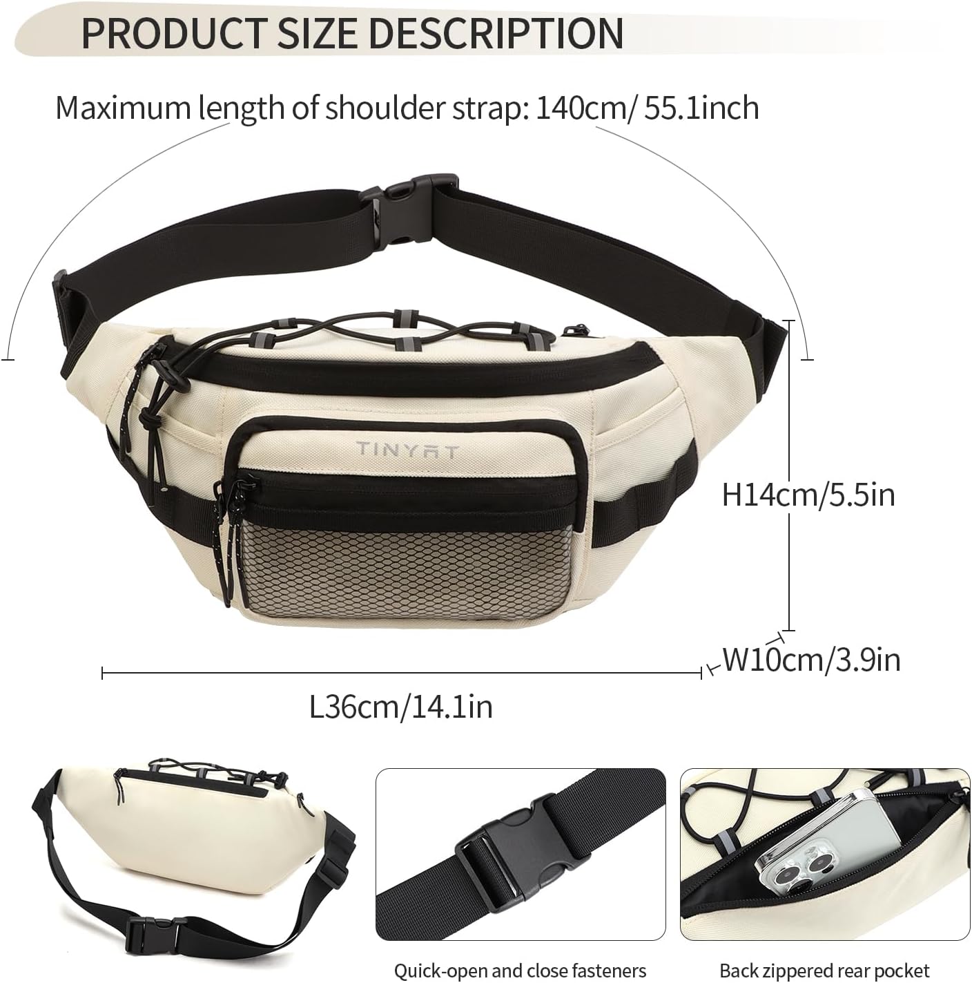 TINYAT Large Fanny Pack Travel Waist Bag Lightweight for Men&Women with Adjustable Strap T206 Blue