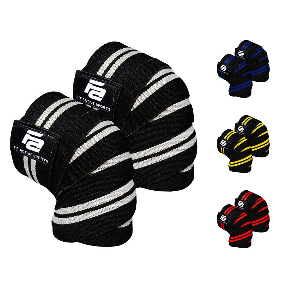 Fit Active Sports Knee Wraps for Weightlifting – 72” Elastic Knee Support Straps with Non-Slip Hook & Loop Closure – Knee Protection for Squats, Powerlifting, Cross Training – 1 Pair