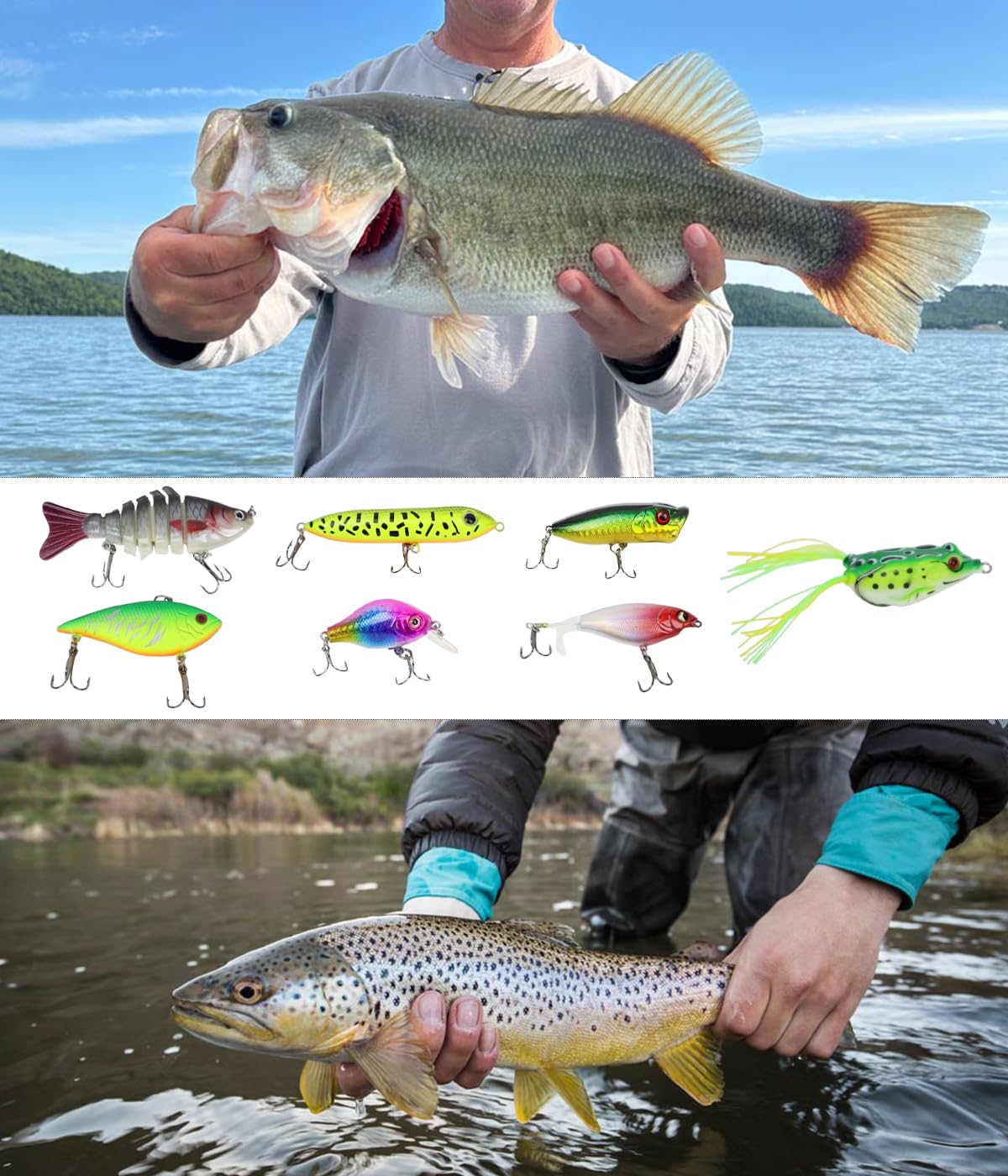 Fishing Lure Kit for Freshwater Bass, Fishing Tackle Set for Beginner Adults Including Crankbaits Spinnerbaits Topwater Baits Kit with Tackle Box