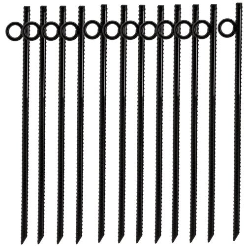 NROZIET 12 Pack 16 Inch Ground Stakes Heavy Duty, Black Steel Ground Anchors with Loop, Reusable Tent Rebar Tent Stakes for Sheds Outdoor Camping Walkway Fence