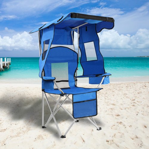 PLKO Camping Chairs with Canopy, Portable Quad Lawn Chair for Adults, Folding Recliner Chair with Cup Holder Outdoor Events and Shade- Support 330 LBS，Light Blue