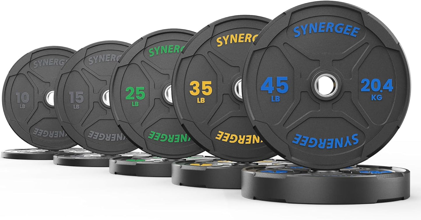 Synergee Bumper Plates – Durable Olympic Weight Plates, Low-Bounce Rubber for Strength Training, Powerlifting, and Functional Workouts.