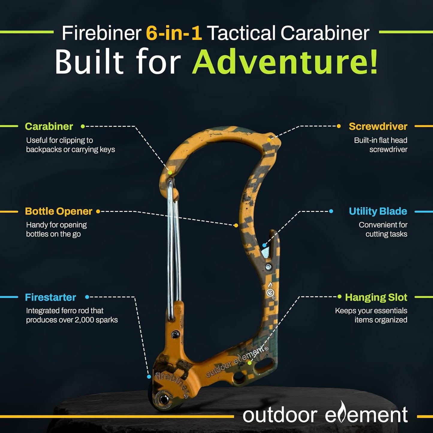 Firebiner 6-in-1 Fire-Starting Carabiner EDC Emergency Multitool -Keychain,Utility Blade,Bottle Opener,& More