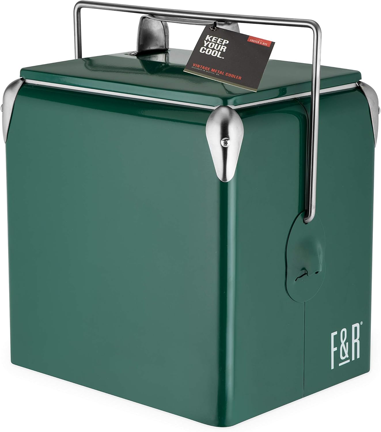 Foster & Rye Stainless Steel Retro Cooler, Vintage Metal cooler, Antique Beverage Chiller and Ice Chest, Plastic Lined Drink Chest, Mounted Bottle Opener, Holds a 6-pack, Red