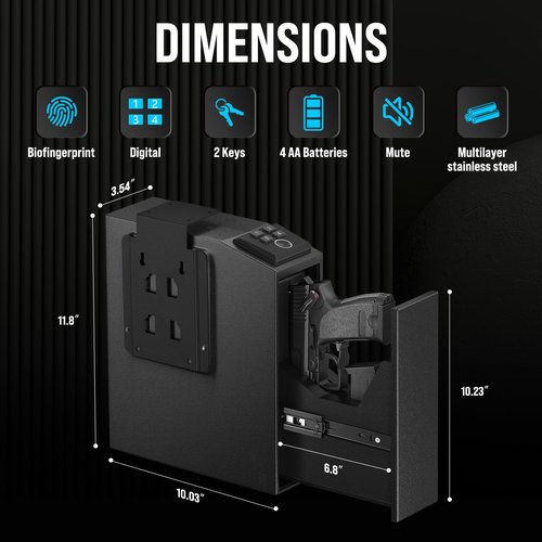 CLUTTO Biometric Slider Gun Safe for Handgun, Fingerprint Gun Safe Supports Quickly Access with 3 Ways, Fingerprint, PIN Code and Keypad (Black)