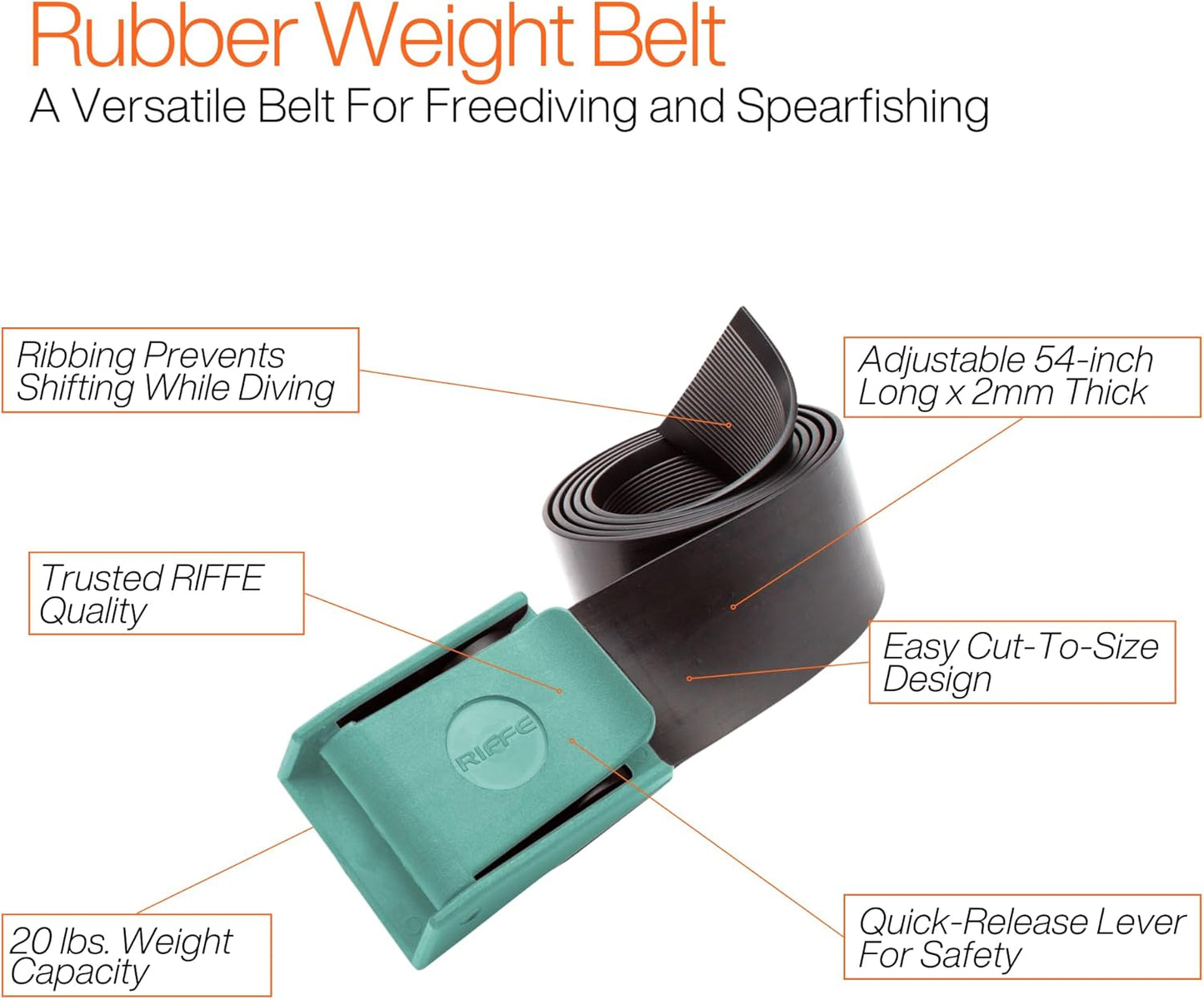 Riffe Rubber Weight Belt (Black) With Glass Filled Nylon Buckle, For Freediving and Spearfishing - Quick-Release Lever Ensures Safety On The Water, 54 Inch's Length