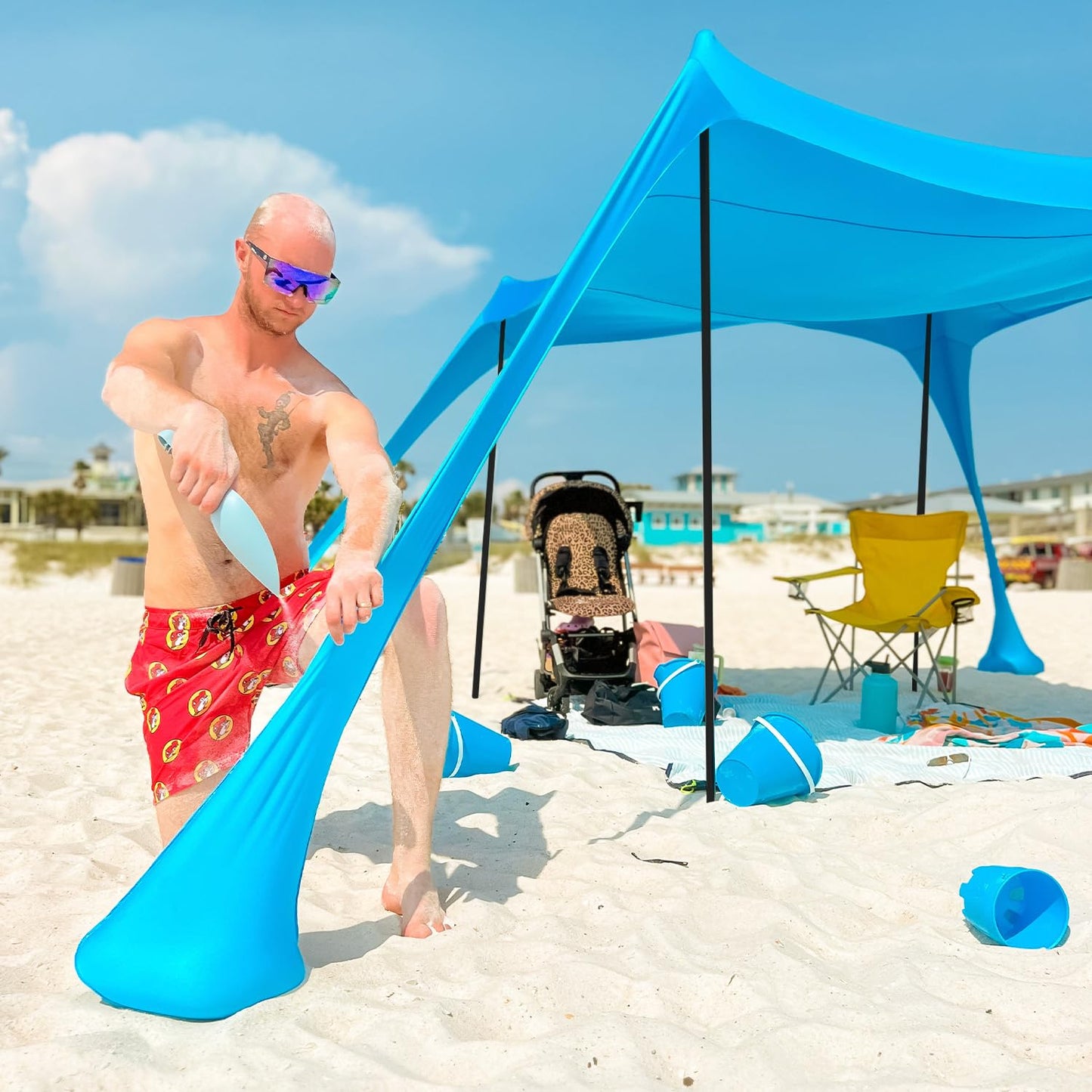 AMMSUN Beach Tent Portable Beach Canopy,11ft X 11ft Sun Shelter Easy Setup, 11'x11' Lycra Sun Shade with UPF50+ Protection 4 Sand Bags & 4 Poles for Family at The Camping, Beach & Outdoor