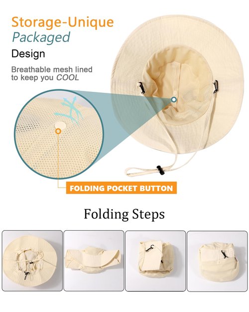 Water-Resistant Sun UPF 50+ Bucket Hat Protection Packable Brimmed Boonie for Women Men Summer Lightweight Hiking Outdoor Cap Beige