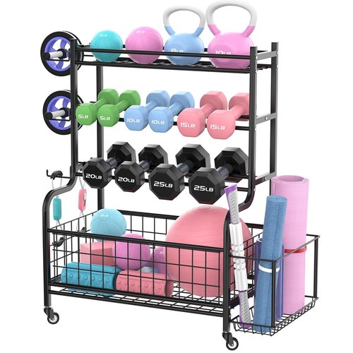 WALMANN Dumbbell Rack Home Gym Weight Rack for Dumbbells, Kettlebells, Foam Rollers, Yoga Mats and Resistance Bands, Workout Gear Organizer With Wheels