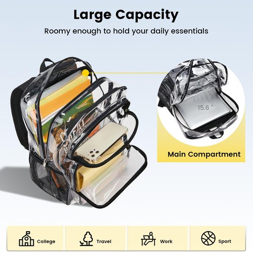 Vorspack Clear Backpack Heavy Duty - Large Clear Bookbag Transparent Backpacks See Through Backpack for College Work Travel Festival - Black(2 Pack)