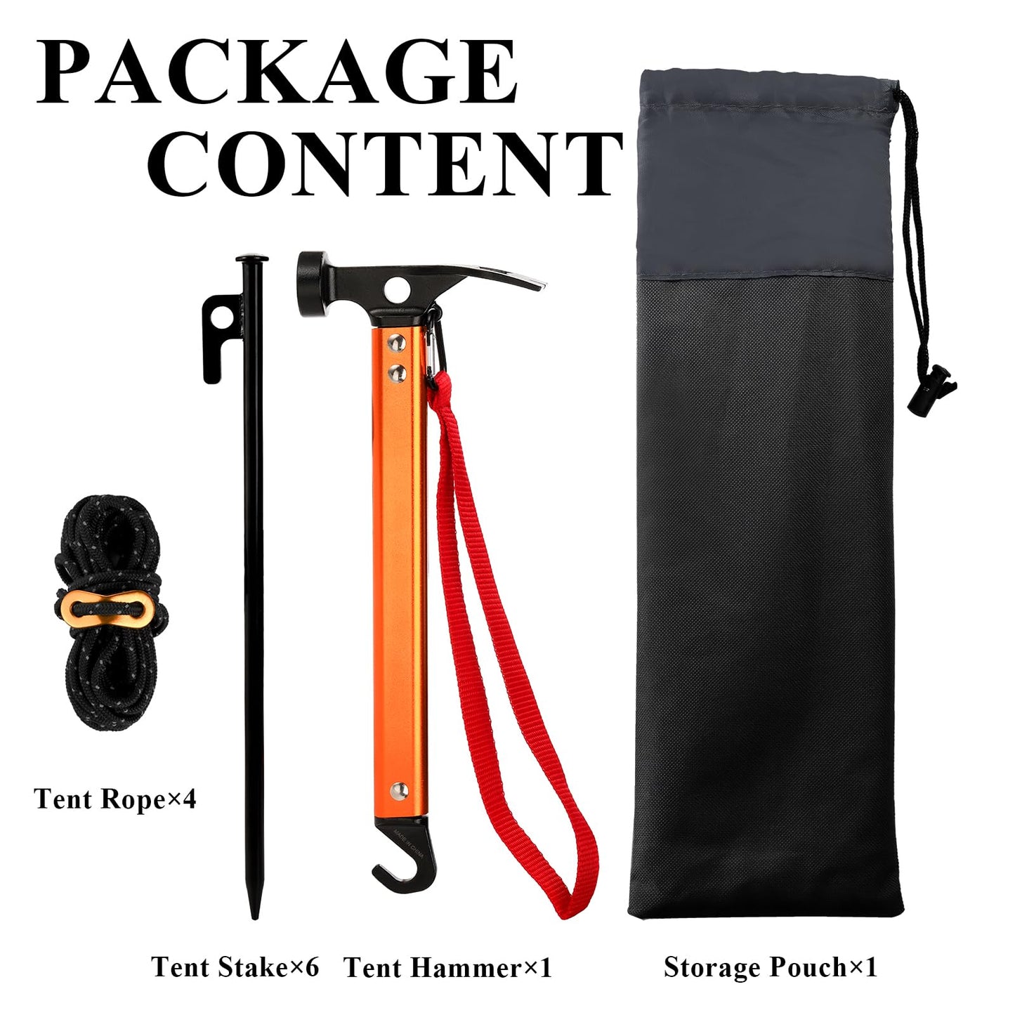 Suwimut Tent Stakes, 6 Pieces 12 Inch Heavy Duty Metal Tent Stakes with Hammer, 4x13ft Reflective Ropes and Storage Bag, Outdoor Camping Accessories Kit Pegs Aluminum Mallet for Hiking, Backpacking
