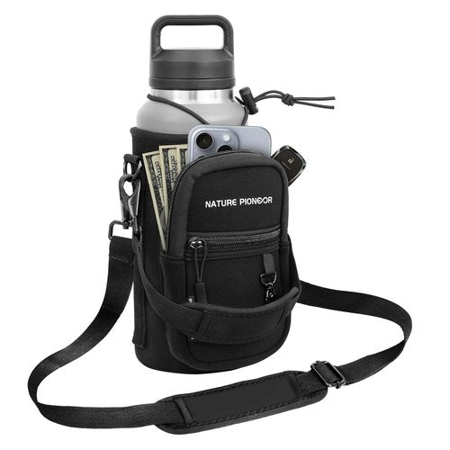 NATURE PIONEOR Water Bottle Holder with Strap,Water Bottle Carrier Bag Sling Sleeve with Adjustable Shoulder Strap & Handle and Large Phone Pocket for Walking,Hiking,Travelling for 25oz/32oz/40oz/64oz