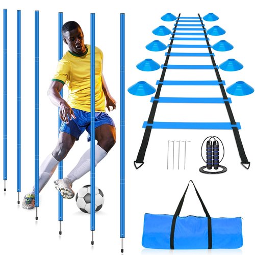 HOTOOLME Soccer Agility Training Poles Set - Includes 6 Agility Poles, 20ft Agility Ladder, 10 Soccer Cones, Jump Rope for Speed Training, Soccer Training, Basketball Athletes