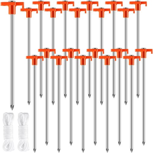 Yihurlm 20 Pack Tent Stakes,10Inch Heavy Duty Ground Stakes,Non-Rust Metal Tent Pegs,Steel Tent Stakes Tent Spikes for Outdoor Camping Garden Camping Family Tent,with 2 Pcs 10FT Ropes(Orange)