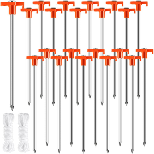 IJRPLM 20 Pack Tent Stakes,10 Inch Heavy Duty Metal Tent Pegs,Tent Pegs Camping Stakes,Non-Rust Ground Stakes Tent Spikes for Outdoor Camping Garden,with 2 Pcs 10FT Ropes(Orange)