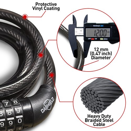 DaShield Bike Lock Cable 59 inches Long 5 Digit Resettable Combination Code for Bicycle and Scooter Cable Lock Anti Theft Cable Locks with Secure Mounting Bracket