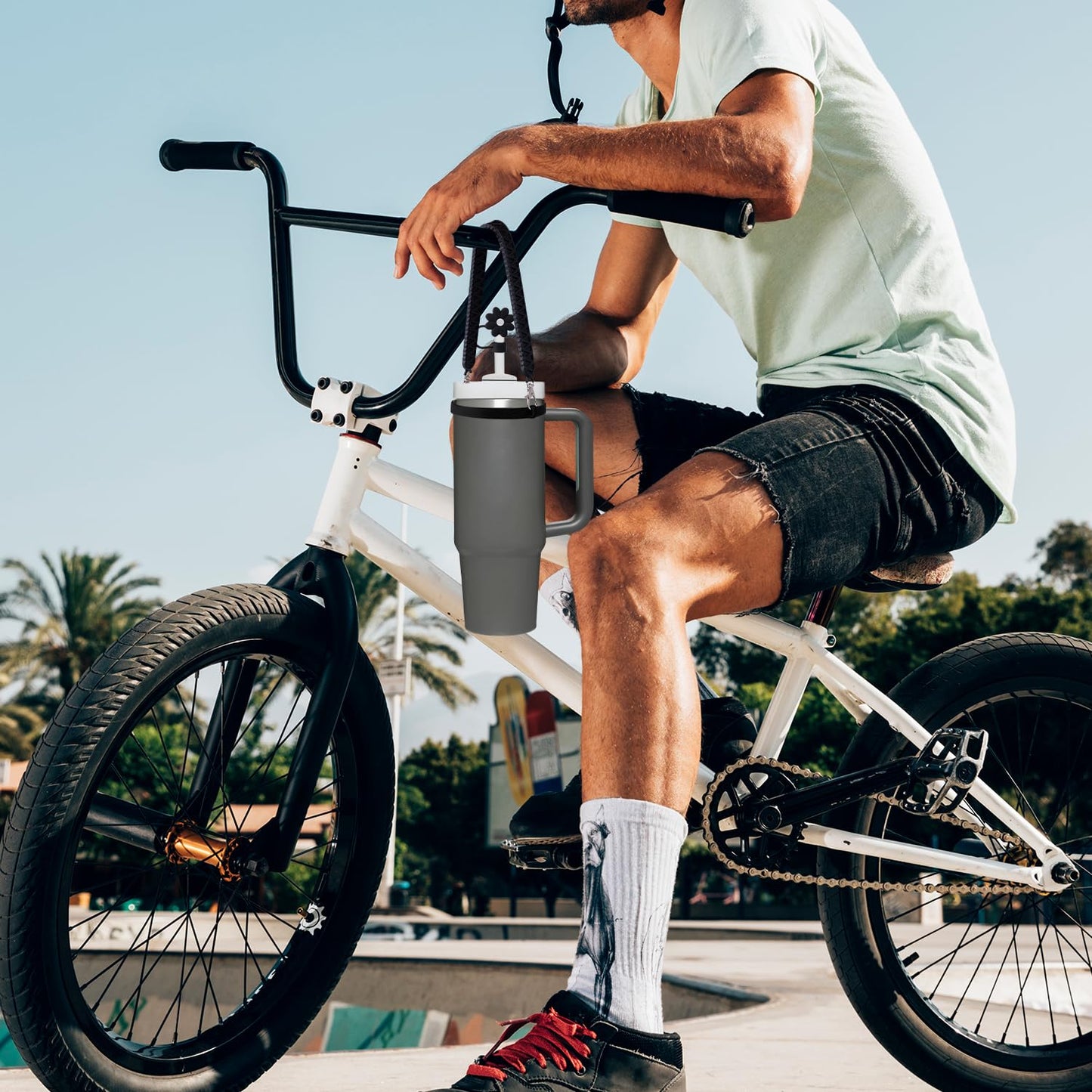 IKSII Water Bottle Handle&Straw Cover Toppers Cap,Silicone Water Bottle Sling Strap Carrier Holder with Strap Fits Most 8-40oz Bottles,Compatible Stanley Cup Accessories (Black)