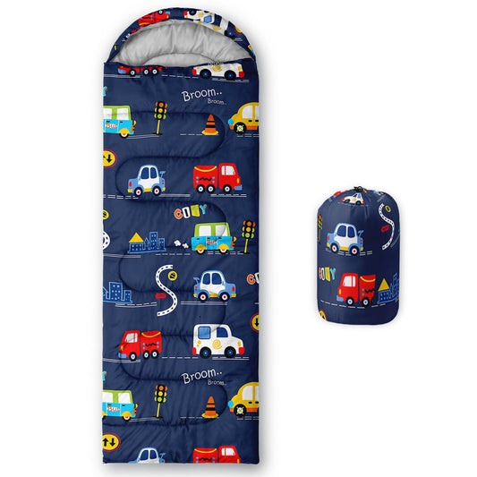 Sleeping Bags for Adults and Kids Backpacking Camping Sleeping Bags for Girls and Boys Lightweight Waterproof Cold/Warm 3-Season Outdoor Travel with Compression Bags (Cartoon Car, Single -31.5x90.5)