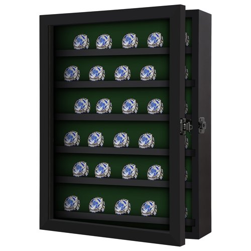 Grintus Ring Display Case - 30 Posts Baseball, Wooden Shadow Box, Lockable Door, Multiple Sports Rings, Black
