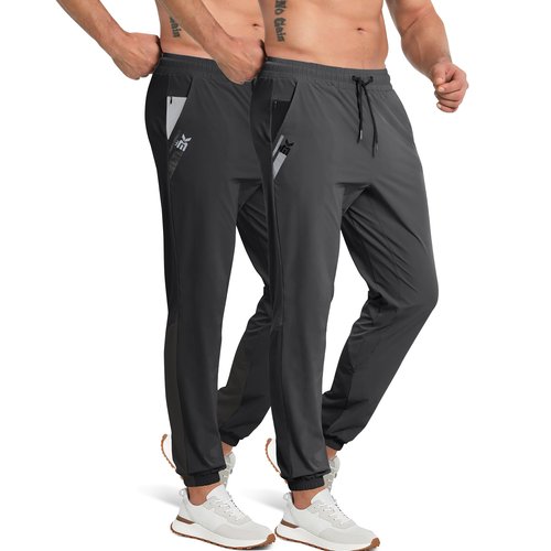 BROKIG Men's DryUp Running Track Pants 3 Pockets, Lightweight Workout Pant Casual Nylon Thin Stretch Gym Pants for Men (Large, Black+Dark Grey)